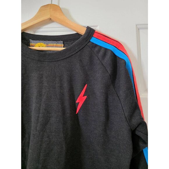 Aviator Nation Bolt Cropped Classic Crew Sweatshirt Heather Navy Neon size M - Picture 5 of 12